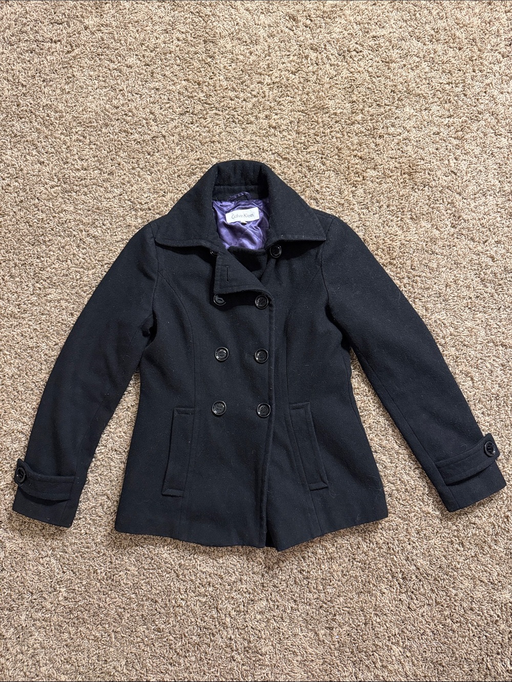 Calvin Klein Black Double-Breasted Peacoat with Purple Lining